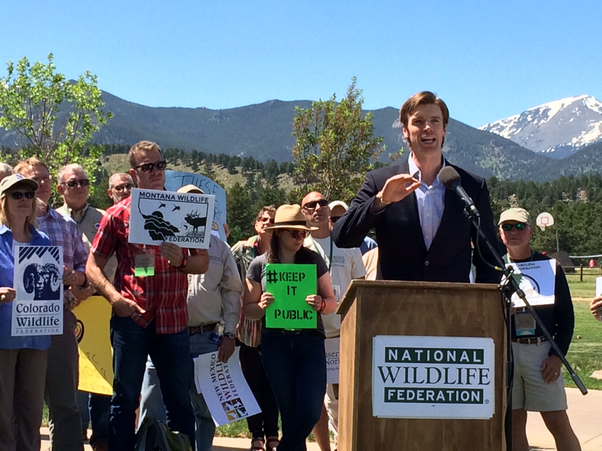 Collin O’Mara, CEO of the National Wildlife Federation, addresses attendees at a rally to show support for protecting your national public lands. 