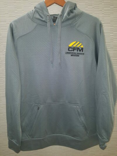 Grey Conservation Federation of Missouri hoodie on a hanger